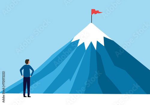 Businessman planning to reach the success flag on top of the mountain in flat design. Symbol of the startup, business finance, achievement and leadership concept vector illustration.