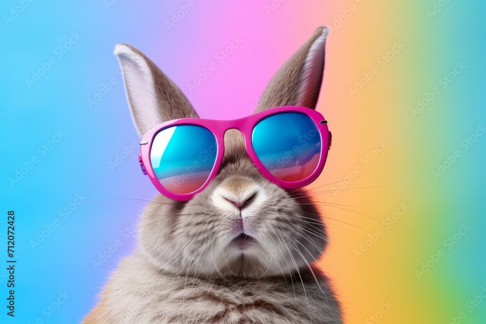 cute 3d white bunny rabbit wearing cool blue and purple glasses on a teal blue green, yellow, orange muted pastel gradient background