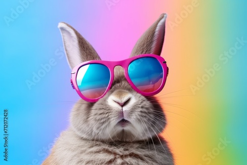 cute 3d white bunny rabbit wearing cool blue and purple glasses on a teal blue green, yellow, orange muted pastel gradient background © Elenka