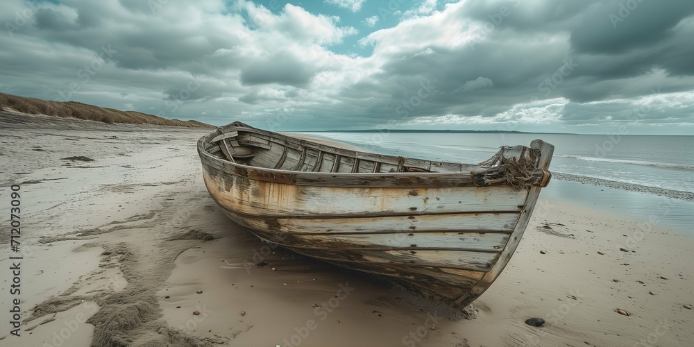 Abandoned boat on the beach at low tide with dramatic sky Abandoned boat on the beach at low tide with dramatic sky