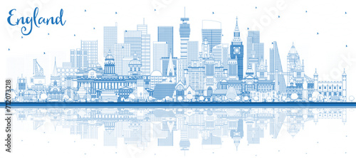 Outline England city skyline with blue buildings and reflections. Concept with historic architecture. England cityscape with landmarks. Bristol. Leeds. Sheffield. London.