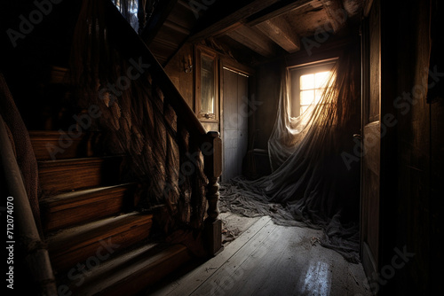 Horror, fantasy, interior concept. Scary, very old, dusty and abandoned house with stairs, wooden walls and window. White material like ghost levitating in empty corridor © Rytis