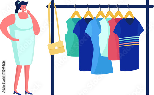 Stylish woman thinking about buying new clothes. Choosing dresses and shirts at store. Shopping and fashion concept vector illustration.