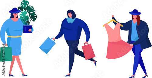 Three women shopping with bags and plant. Trendy ladies enjoying retail therapy. Fashionable shoppers, shopping spree vector illustration.