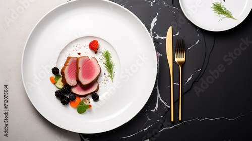 Elegant Gourmet Beef Steak Dinner Served on White Plate With Artistic Presentation