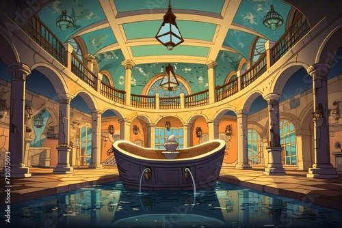 Cartoonish poster showcasing an opulent and luxurious bathtub spa inside a royal wellness spa center or Roman bath. Generative AI © Iolanthe