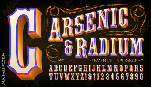 Arsenic and Radium is an old west gilded alphabet with 3d effects. Good for western, circus, cowboy, rodeo and amusement park themes.