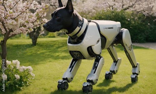 robot dog walking in a garden with blossoms