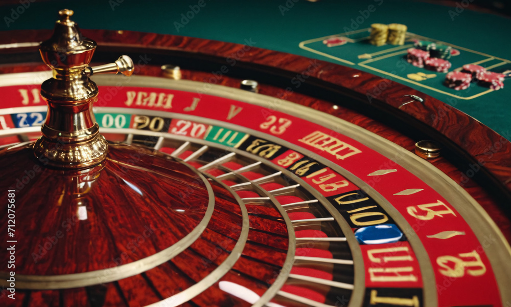 Naklejka premium close up of bright multicolored casino roulette table with poker chips