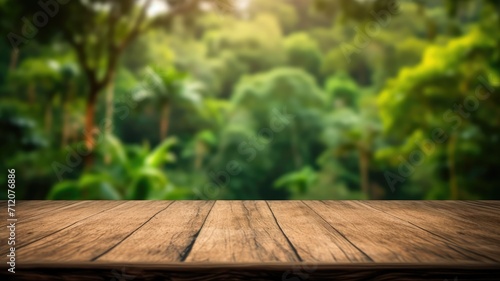 The empty wooden table top with blur background of Amazon rainforest. Exuberant image. generative ai photo