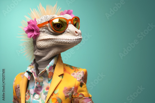 Creative animal concept. Lizard reptile in glam fashionable couture high end outfits isolated on bright background advertisement, copy space. birthday party invite invitation banner	
 photo