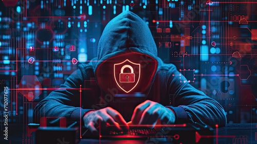 hacker front of his computer committing digital cybercrime photo