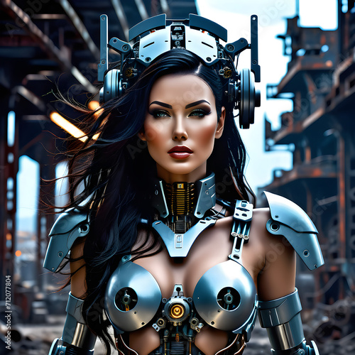 She stood before me, a breathtaking vision of strength and beauty, a military cyborg woman with a perfect body. Her dark hair cascaded down to her shoulders, framing a face that was both striking and  photo