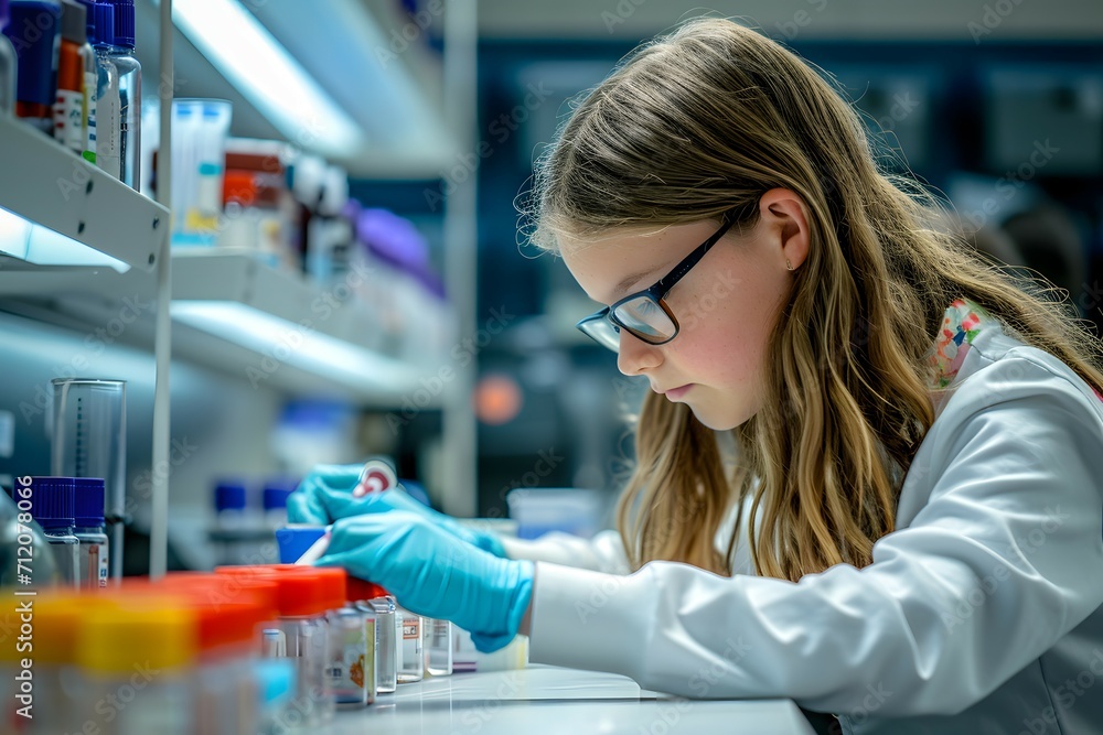 A young girl in a lab coat and safety glasses conducts experiments, representing the empowerment of women in science A young girl in a lab coat and safety glasses conducts experiments, representing the empowerment of women in science