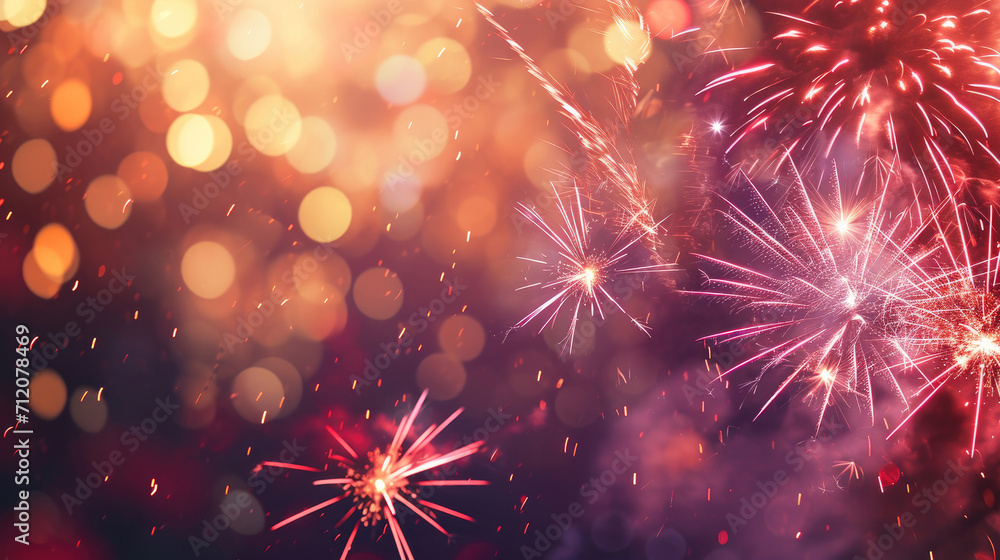 Fototapeta premium Fireworks at New Year and copy space - abstract holiday background