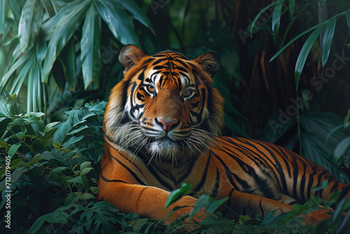  Sunda Island Tiger in a regal and majestic pose, amidst dense jungle foliage. photo