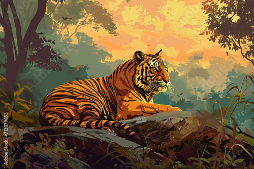 Tiger in the middle of a degraded forest photo