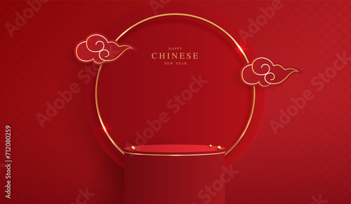 Podium stage chinese style for chinese new year and festivals or mid autumn festival with red background. mock up stage with festive lanterns and clouds. vector design.