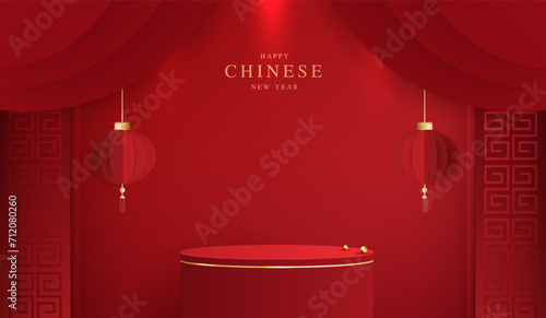 Fotografia Podium stage chinese style for chinese new year and festivals or mid autumn festival with red background