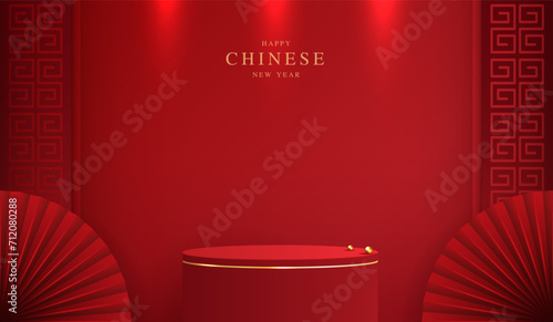 Podium stage chinese style for chinese new year and festivals or mid autumn festival with red background. mock up stage with festive lanterns and clouds. vector design.