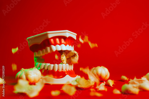 Bad Breath After Eating Garlic Concept Health Image. Funny dental health conceptual wallpaper of a mouth with super spice 