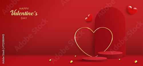 Happy valentines day and stage podium decorated with heart shape. pedestal scene with for product, cosmetic, advertising, show, award ceremony, on red background and light. vector design.