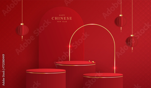 Podium stage chinese style for chinese new year and festivals or mid autumn festival with red background. mock up stage with festive lanterns and clouds. vector design.