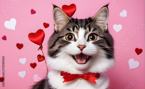 Valentien's day, cat, heart, simple background. Generative AI photo