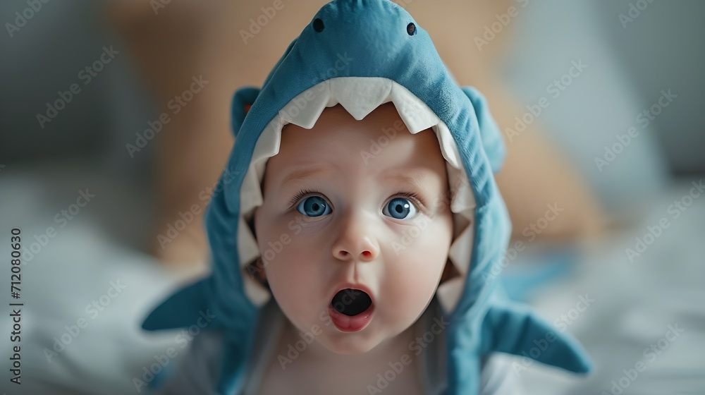 Baby in shark costume, toddler boy wearing a cute Halloween outfit, funny studio shot. Festive season greeting card, birthday mothers day holiday concept banner wallpaper. Baby in shark costume, toddler boy wearing a cute Halloween outfit, funny studio shot. Festive season greeting card, birthday mothers day holiday concept banner wallpaper.