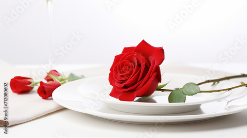 Captivating Valentines Day Dinner Scene with a Red Rose on a White Dish - Perfect Romantic Meal Isolated on a Background with Copy-Space for Your Love Messages and Promotional Content