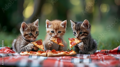 Funny cats enjoying picnic lunch trip at park, cute kittens eating pizza on picnic blanket sunny day outdoor family party. photo