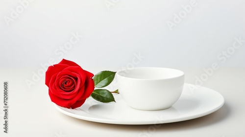 Captivating Valentines Day Dinner Scene with a Red Rose on a White Dish - Perfect Romantic Meal Isolated on a Background with Copy-Space for Your Love Messages and Promotional Content