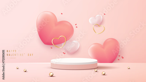 Happy valentines day and stage podium decorated with heart shape. pedestal scene with for product, cosmetic, advertising, show, award ceremony, on pink background and light. vector design.