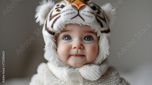 Cute baby wearing a white tiger head