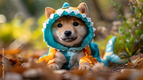 Funny dog shiba inu puppy wearing cute shark costume on the beach. Festive season greeting birthday mothers day holiday concept. © Koko Art Studio