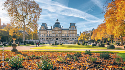 晴れた秋の日に、フランスのパリにあるリュクサンブール公園GenerativeAI