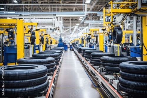 A factory with tires on the conveyor belt. Generative AI. photo