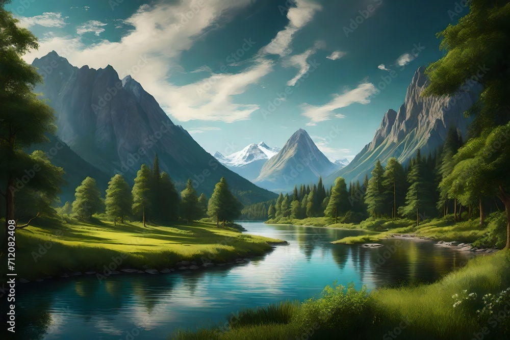 Witness the beauty of a narrow river gently flowing between trees and verdant greenery, with a majestic mountain in the distance under a cloudy sky. - obrazy, fototapety, plakaty 