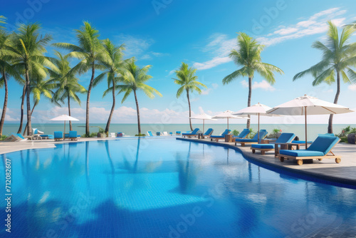 Panoramic holiday landscape. Luxurious beach resort hotel swimming pool and beach chairs or loungers under umbrellas with palm trees, blue sunny sky. Summer island seaside, travel vacation background © ebhanu