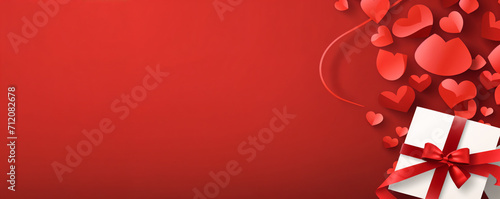 Paper art Valentines day concept banner with hand made gift box, paper cut ribbon, bow, and a lot of hearts on a red background with space for text.