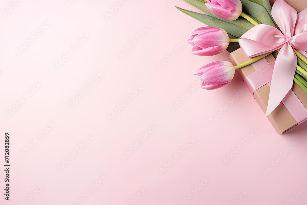 Mothers Day concept. Top view photo of stylish pink giftbox with ribbon bow and bouquet of tulips on isolated pastel pink background with copyspace Mothers Day concept. Top view photo of stylish pink giftbox with ribbon bow and bouquet of tulips on isolated pastel pink background with copyspace