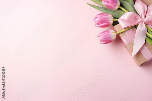 Mothers Day concept. Top view photo of stylish pink giftbox with ribbon bow and bouquet of tulips on isolated pastel pink background with copyspace
