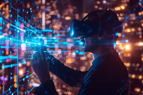 Virtual reality, businessman wearing virtual reality goggles for illustration, touching augmented reality holographic media with data visualization, future business scenario. 