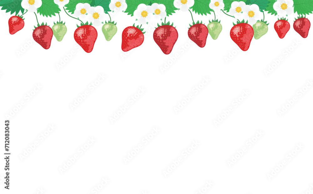 いちごフェアに最適ないちごやイチゴの花や苺の葉が描かれたコピースペースのある背景フレームの春素材_白背景