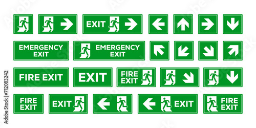 Emergency exit sign set. Emergency and fire exit icons. Man running out arrow, green background. photo