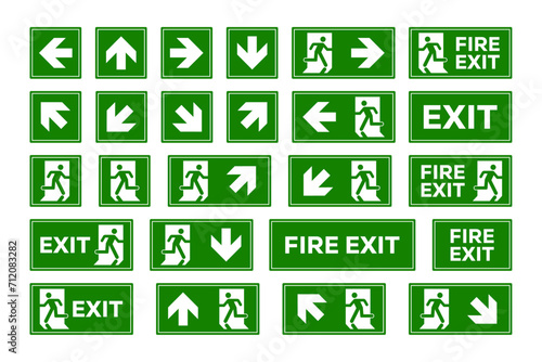 Arrow sign set. Fire exit sign set. Green emergency symbols collection