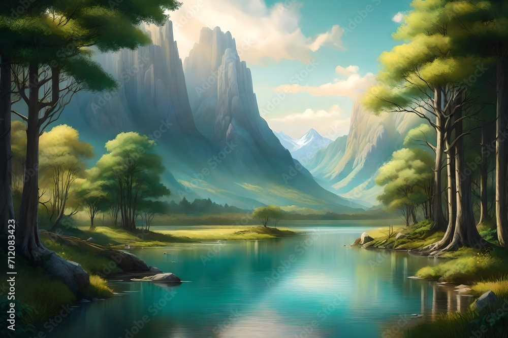 Picture a narrow river meandering through a peaceful woodland, embraced by trees and flourishing greenery. On the horizon, a majestic mountain stands 