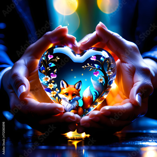The most enchanting sight to behold is an exquisite glass heart radiating with vibrant colors, brilliantly illuminated from within. This extraordinary masterpiece is adorned with an array of beautiful photo
