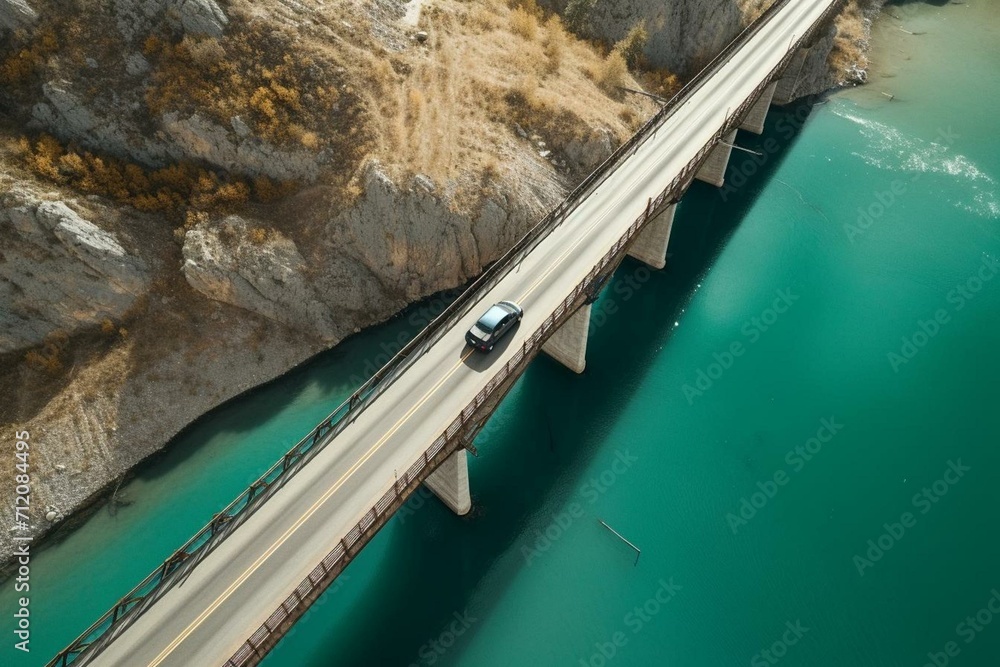 an aerial view of a vehicle crossing a bridge above Piva Lake. Generative AI