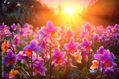 Colorful orchid flowers blooming in a wild flower field with sunlight. Generative AI